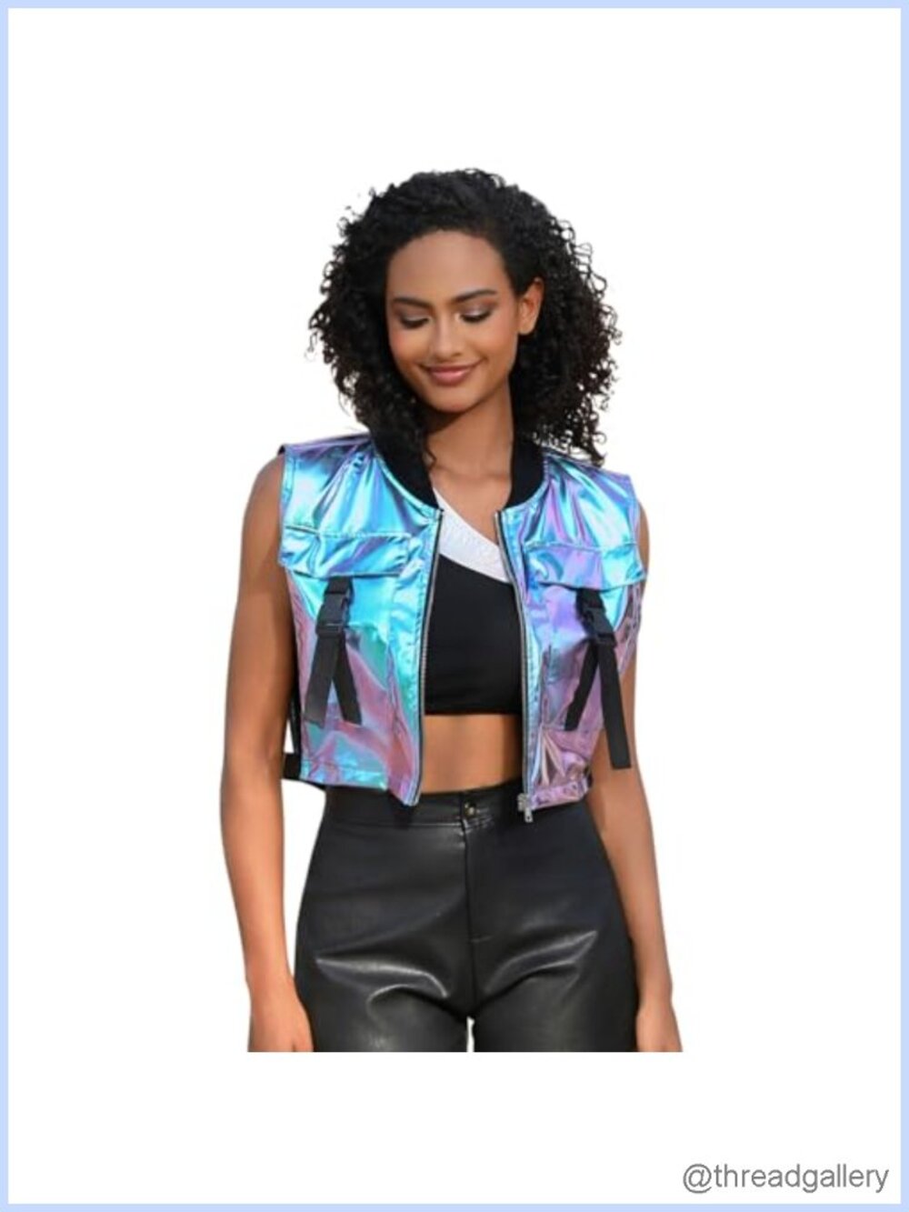 Women's Metallic Crop Cargo Vest Cyberpunk Streetwear Zip Up